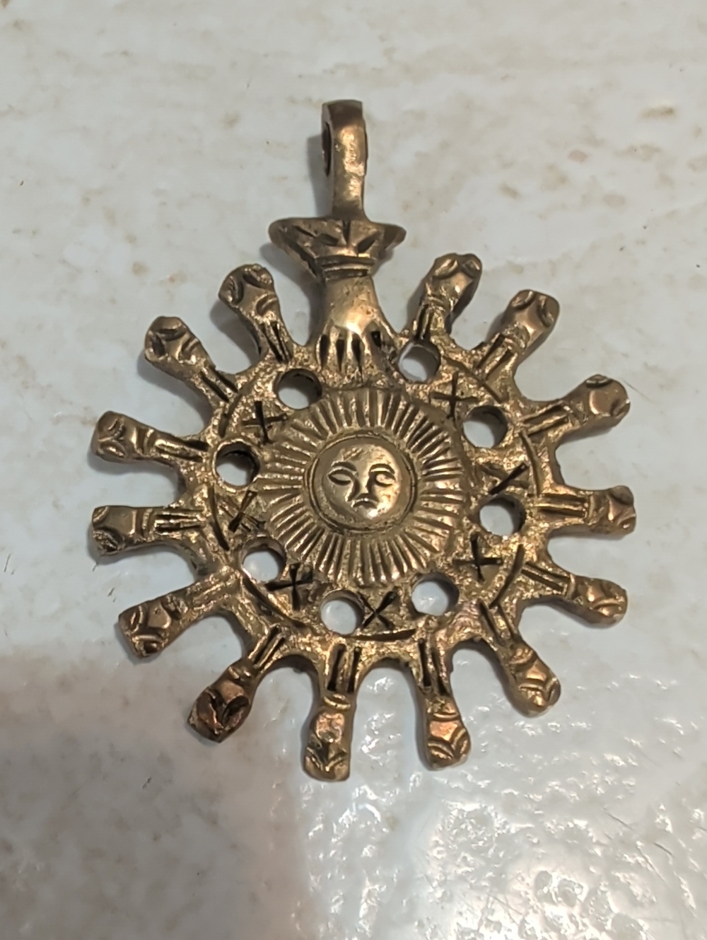 Sunburst Sunface Pendant Necklace - Gold Tone